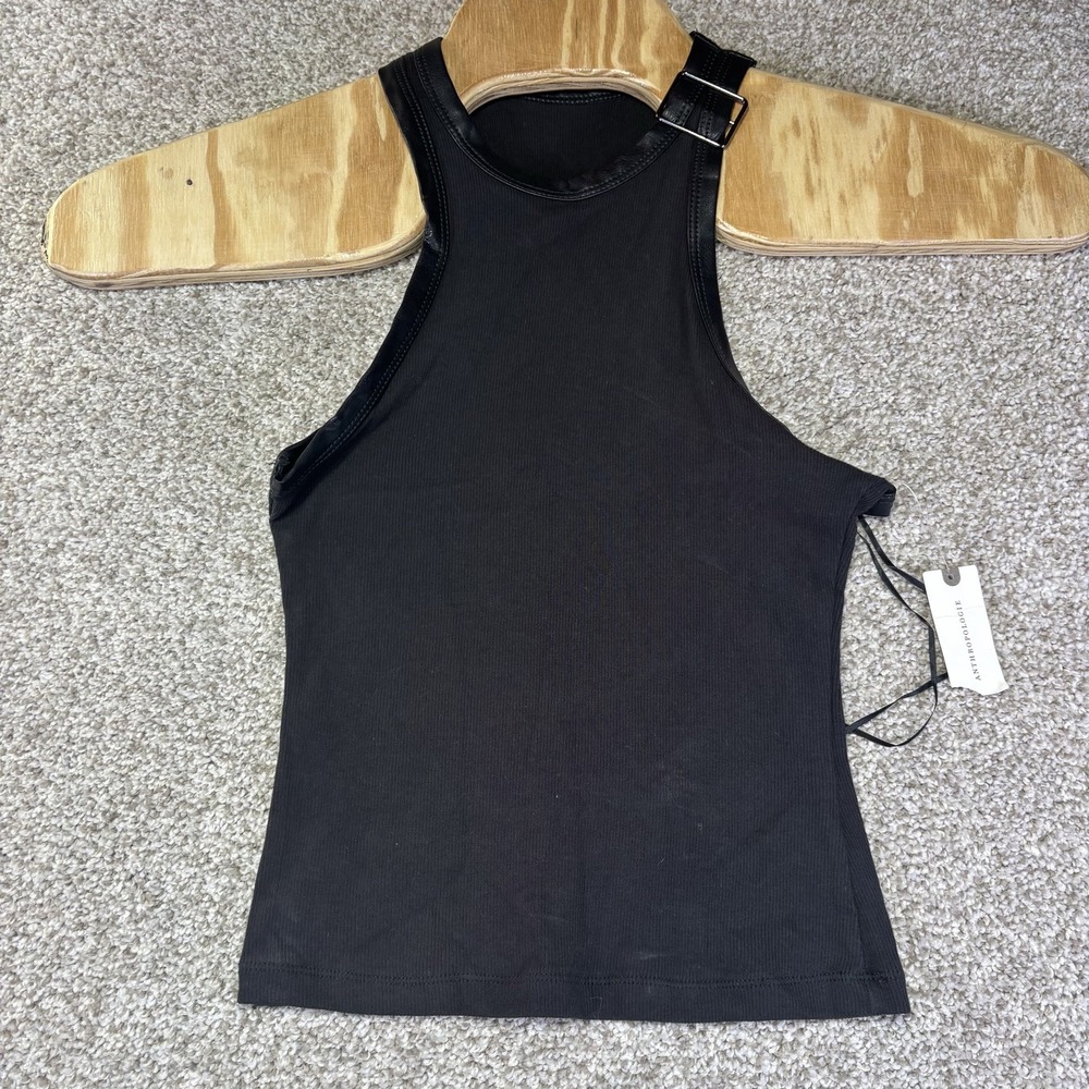 Pilcro Tank Top Womens Medium Black High Neck Buckle Strap Ribbed Anthropologie